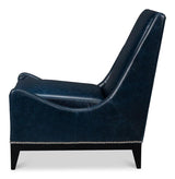 Brandy Wood and Leather Blue Armless Accent Chair Club Chairs LOOMLAN By Sarreid