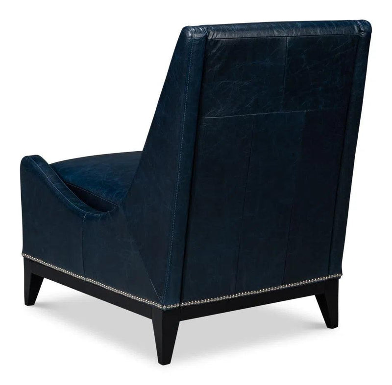 Brandy Wood and Leather Blue Armless Accent Chair Club Chairs LOOMLAN By Sarreid