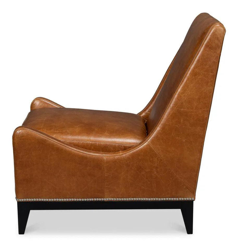 Brandy Wood and Leather Brown Armless Accent Chair Club Chairs LOOMLAN By Sarreid