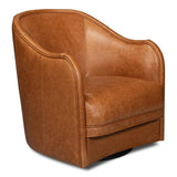 Braxton Wood and Leather Brown Swivel Arm Chair Club Chairs LOOMLAN By Sarreid