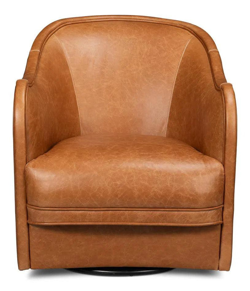 Braxton Wood and Leather Brown Swivel Arm Chair Club Chairs LOOMLAN By Sarreid