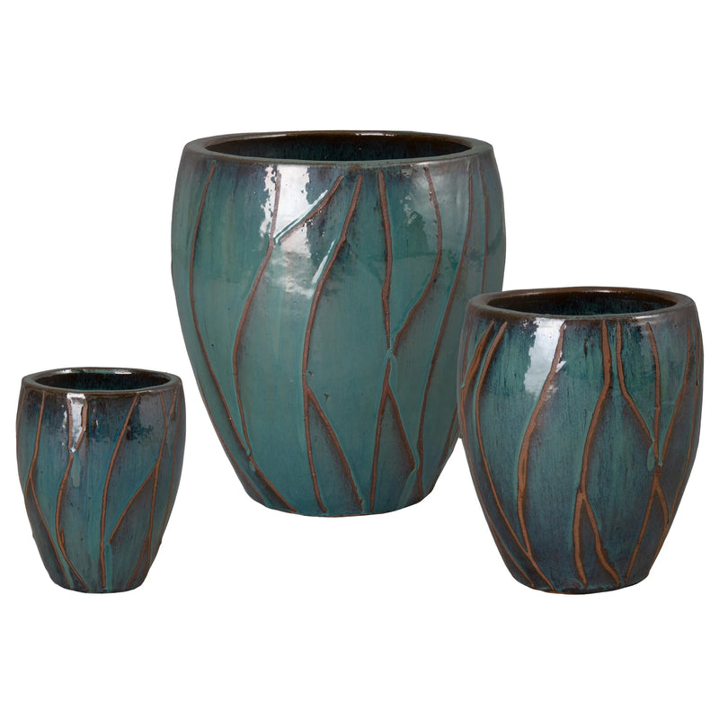 Breeze Round Teal Ceramic Planter Outdoor Planters LOOMLAN By Emissary