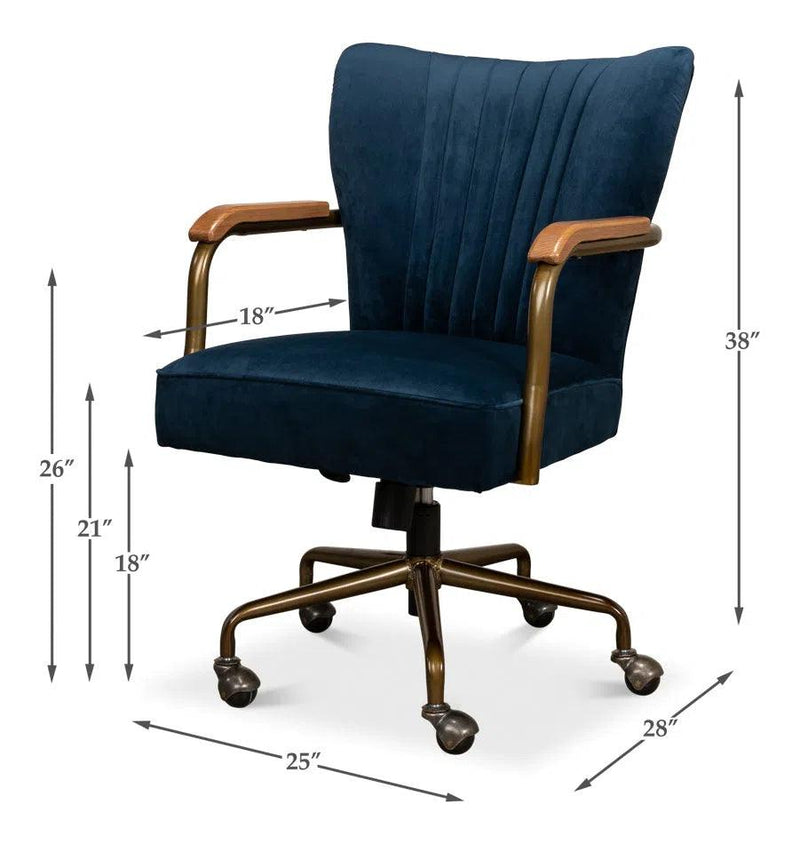 Brooks Home Office Swivel Chair Blue Velvet Office Chairs LOOMLAN By Sarreid