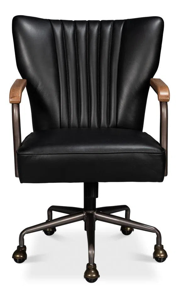 Brooks Metal and Leather Black Swivel Arm Chair Office Chairs LOOMLAN By Sarreid