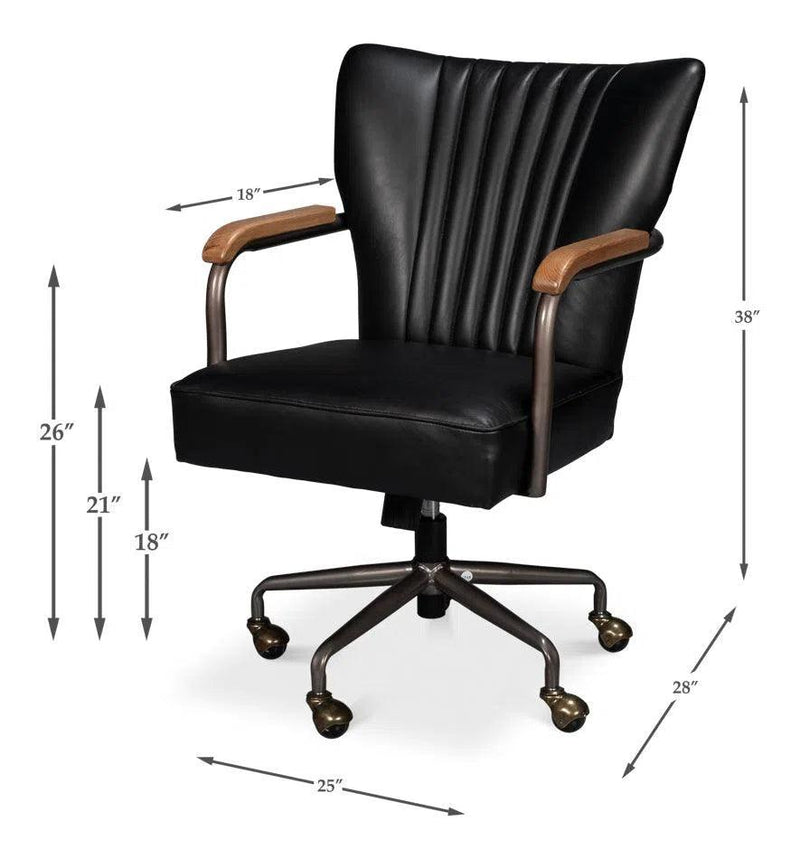 Brooks Metal and Leather Black Swivel Arm Chair Office Chairs LOOMLAN By Sarreid