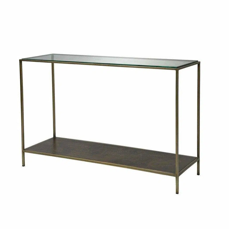 Brown Console Table With Shelves Glass Top With Metal Frame Console Tables LOOMLAN By LH Imports