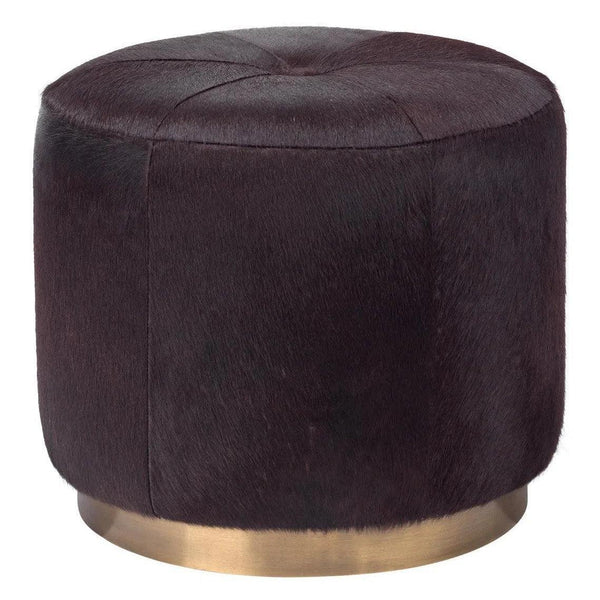 Brown Hide & Gold Accents Small Thackeray Round Pouf Poufs and Stools LOOMLAN By Jamie Young