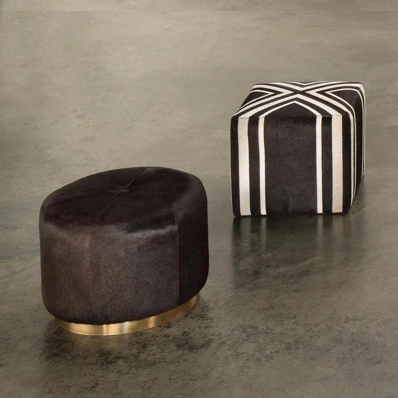 Brown Hide & Gold Accents Small Thackeray Round Pouf Poufs and Stools LOOMLAN By Jamie Young