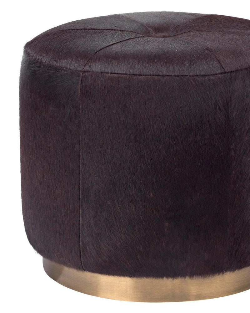 Brown Hide & Gold Accents Small Thackeray Round Pouf Poufs and Stools LOOMLAN By Jamie Young