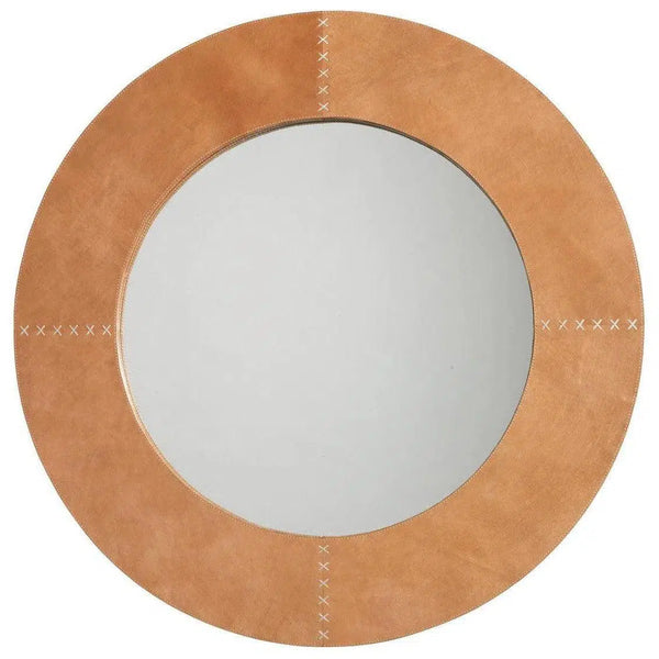 Brown Leather Round Cross Stitch Wall Mirror Wall Mirrors LOOMLAN By Jamie Young