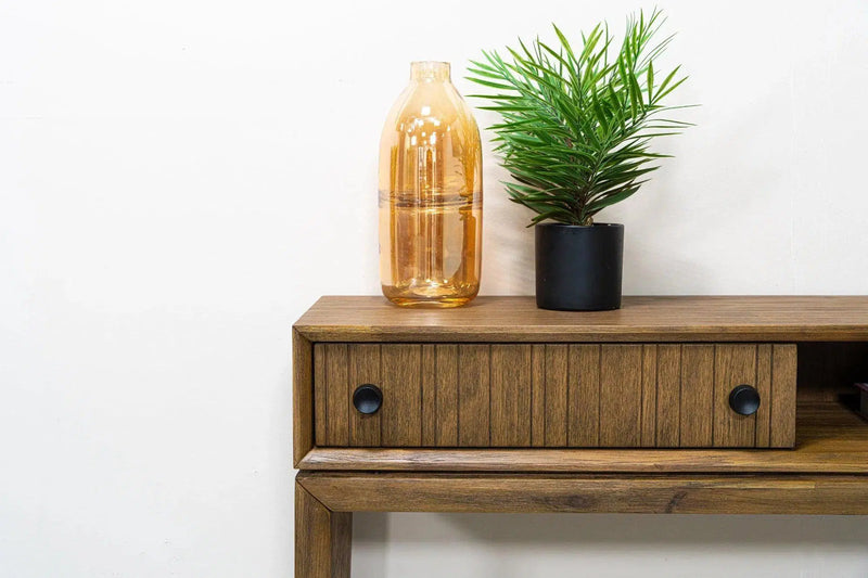 Brown Slim Console Table With Drawers and Shelves Console Tables LOOMLAN By LH Imports