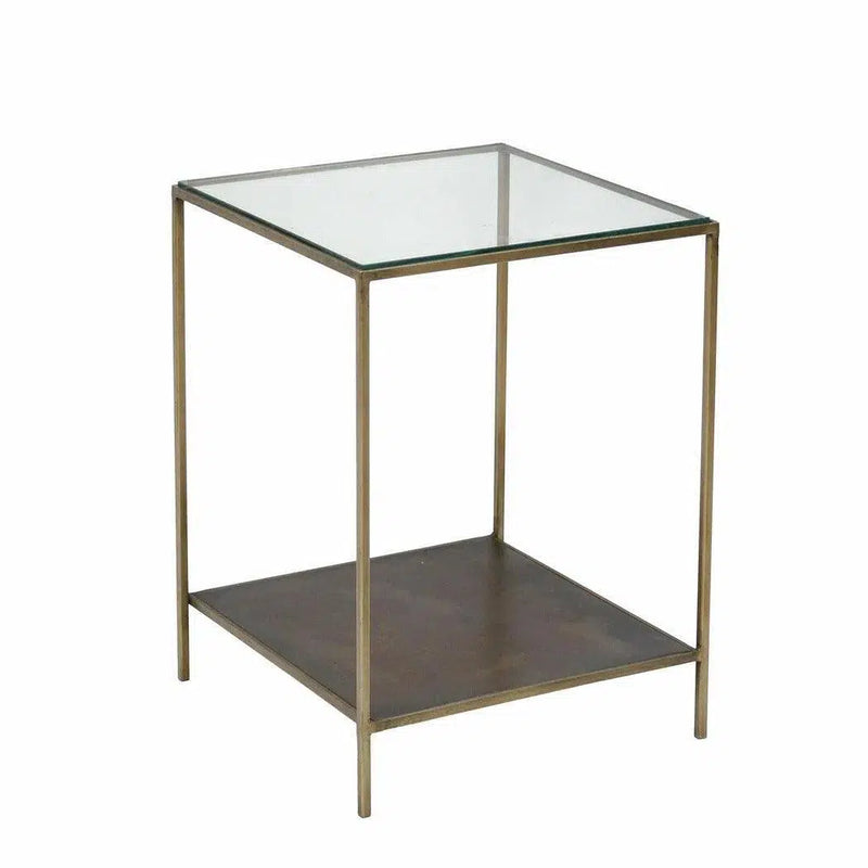 Brown Square Side Table With Shelves Glass Top With Metal Frame Side Tables LOOMLAN By LH Imports