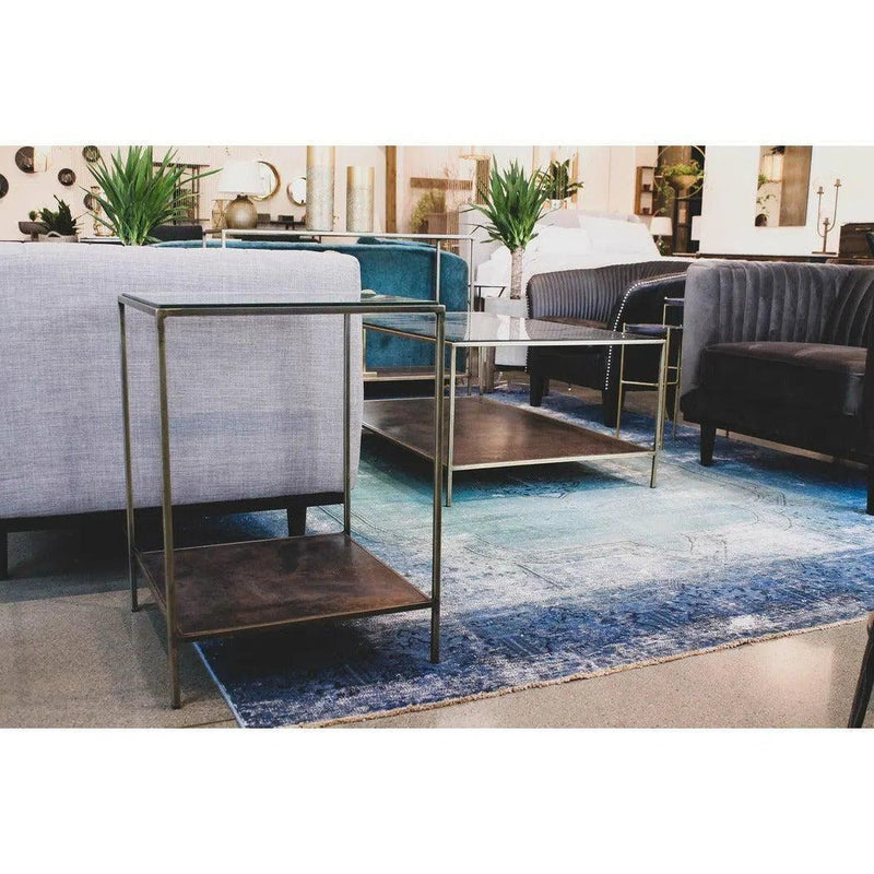 Brown Square Side Table With Shelves Glass Top With Metal Frame Side Tables LOOMLAN By LH Imports