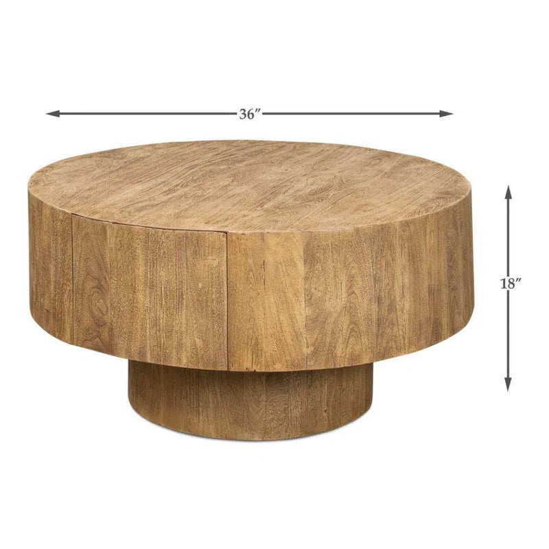 Brutus Barnwood Round Coffee Table With Drawers Round Block Coffee Tables LOOMLAN By Sarreid