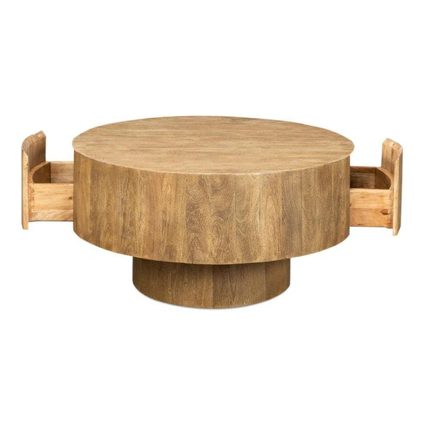 Brutus Barnwood Round Coffee Table With Drawers Round Block Coffee Tables LOOMLAN By Sarreid