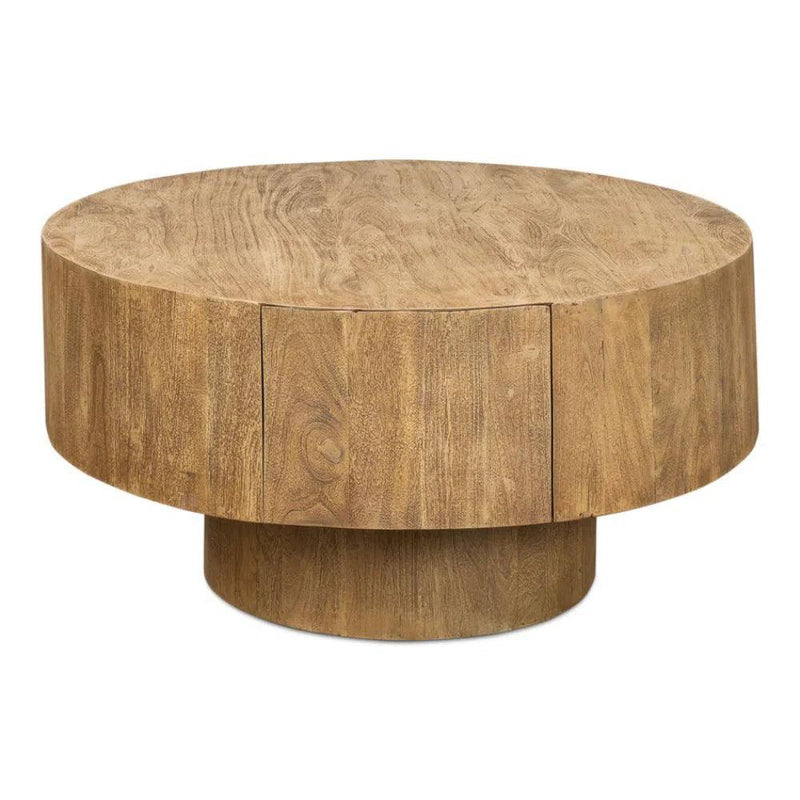 Brutus Barnwood Round Coffee Table With Drawers Round Block Coffee Tables LOOMLAN By Sarreid