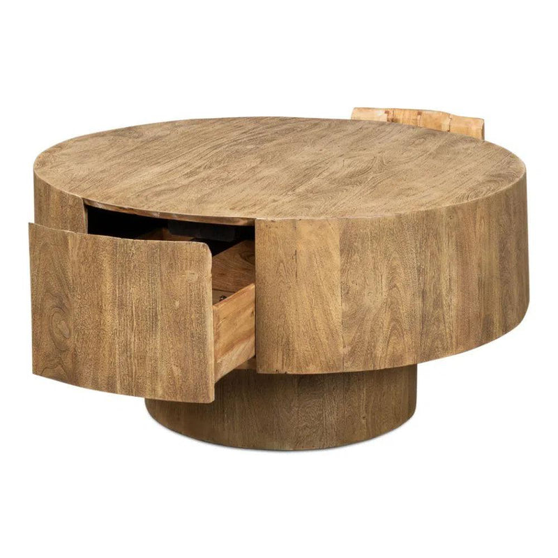 Brutus Barnwood Round Coffee Table With Drawers Round Block Coffee Tables LOOMLAN By Sarreid