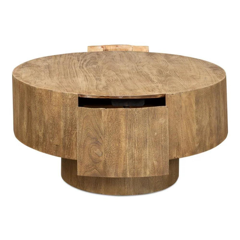 Brutus Barnwood Round Coffee Table With Drawers Round Block Coffee Tables LOOMLAN By Sarreid