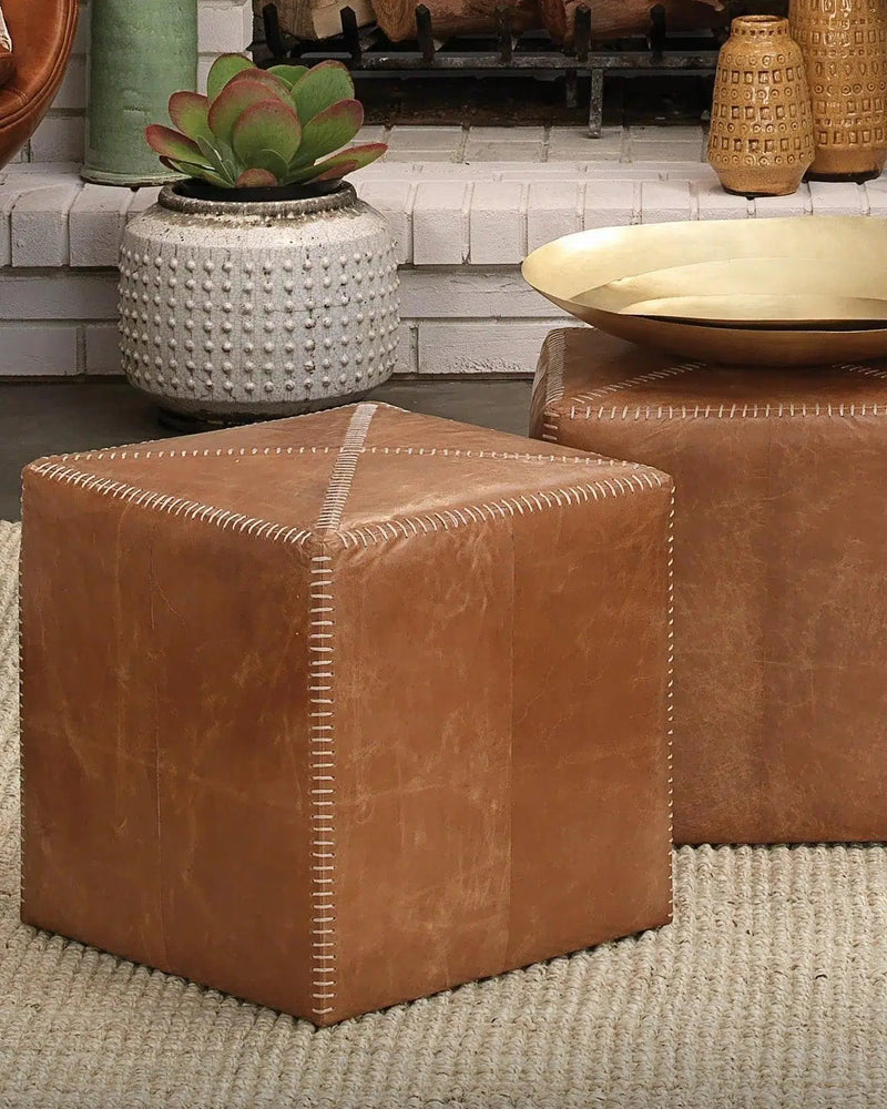 Buff Tan Leather Square Ottoman - Small Ottomans LOOMLAN By Jamie Young