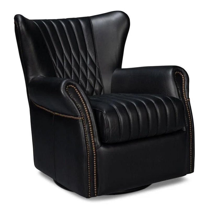 Bugatti Wood and Leather Black Swivel Arm Chair Club Chairs LOOMLAN By Sarreid