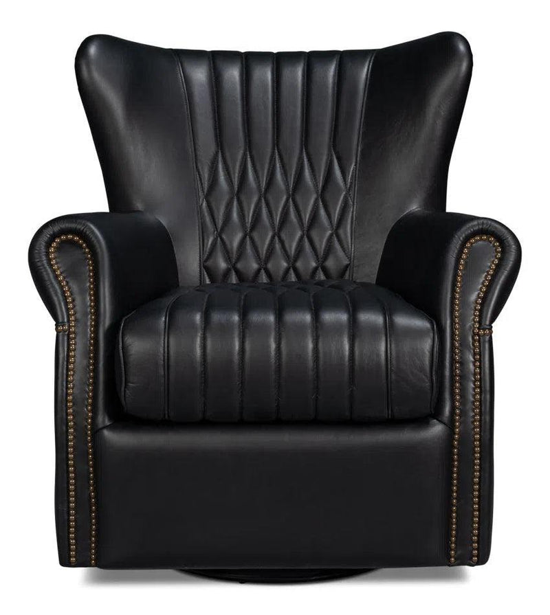 Bugatti Wood and Leather Black Swivel Arm Chair Club Chairs LOOMLAN By Sarreid