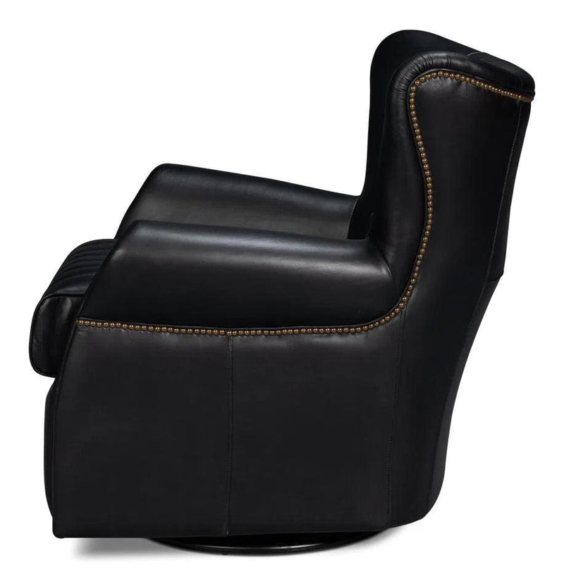 Bugatti Wood and Leather Black Swivel Arm Chair Club Chairs LOOMLAN By Sarreid