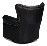 Bugatti Wood and Leather Black Swivel Arm Chair Club Chairs LOOMLAN By Sarreid