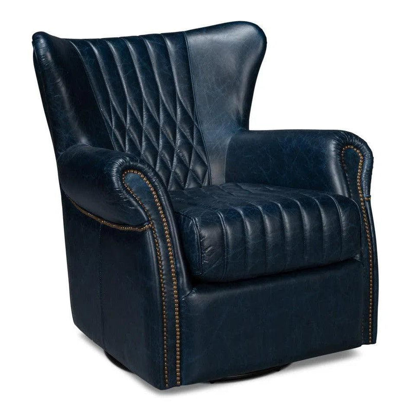 Bugatti Wood and Leather Blue Swivel Arm Chair Club Chairs LOOMLAN By Sarreid