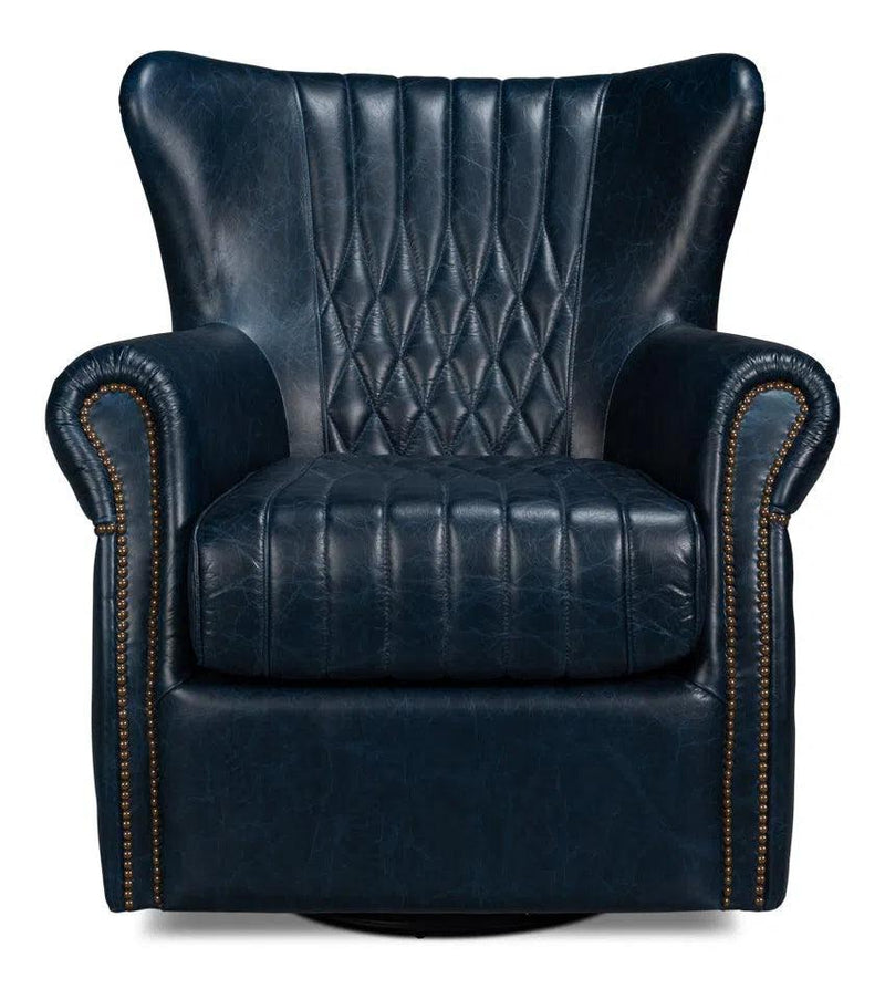 Bugatti Wood and Leather Blue Swivel Arm Chair Club Chairs LOOMLAN By Sarreid