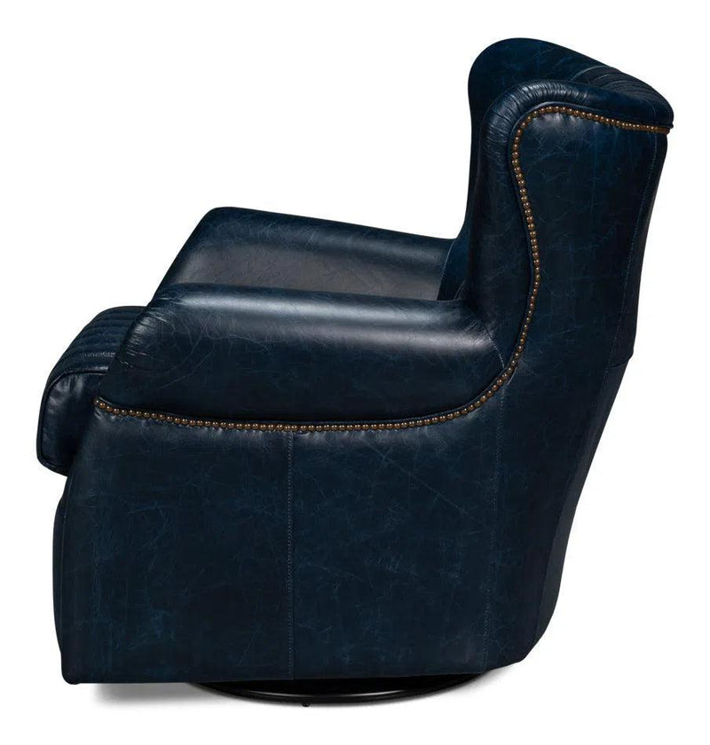 Bugatti Wood and Leather Blue Swivel Arm Chair Club Chairs LOOMLAN By Sarreid