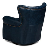 Bugatti Wood and Leather Blue Swivel Arm Chair Club Chairs LOOMLAN By Sarreid