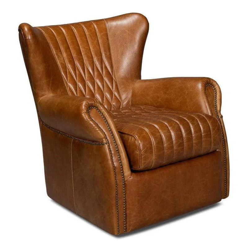 Bugatti Wood and Leather Brown Swivel Arm Chair Club Chairs LOOMLAN By Sarreid