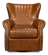 Bugatti Wood and Leather Brown Swivel Arm Chair Club Chairs LOOMLAN By Sarreid