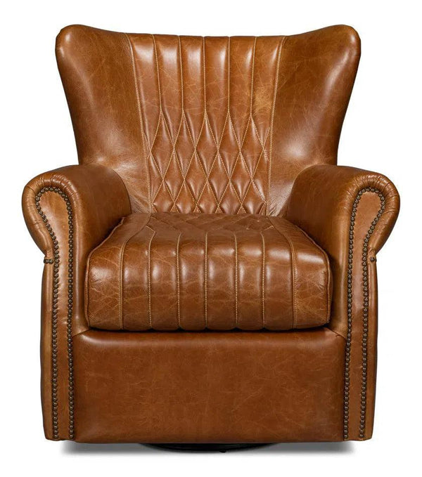 Bugatti Wood and Leather Brown Swivel Arm Chair Club Chairs LOOMLAN By Sarreid