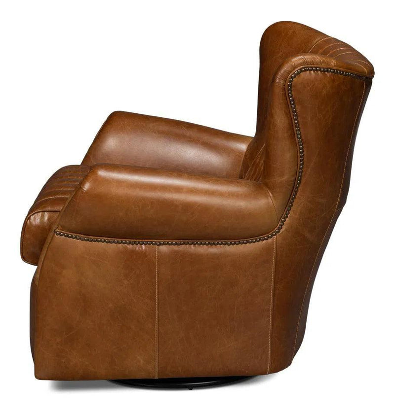 Bugatti Wood and Leather Brown Swivel Arm Chair Club Chairs LOOMLAN By Sarreid