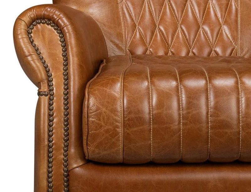 Bugatti Wood and Leather Brown Swivel Arm Chair Club Chairs LOOMLAN By Sarreid