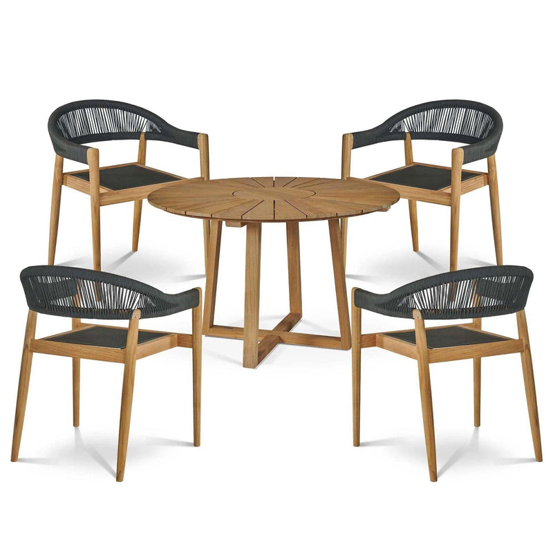 Cambria 5-Piece Round Teak Outdoor Dining Set with Stacking Armchairs Outdoor Dining Sets LOOMLAN By HiTeak