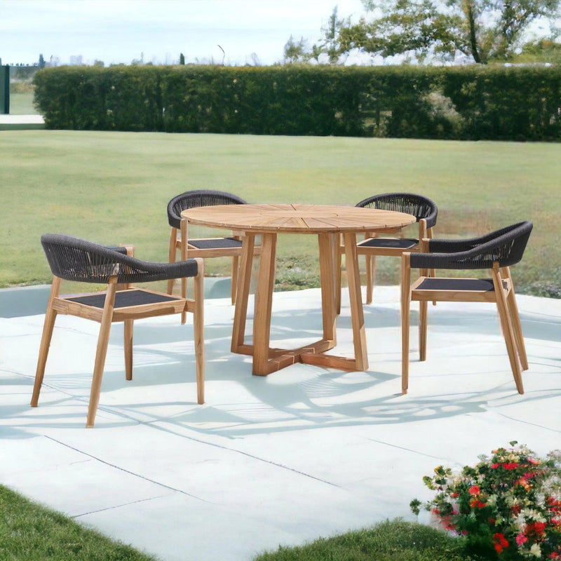 Cambria 5-Piece Round Teak Outdoor Dining Set with Stacking Armchairs Outdoor Dining Sets LOOMLAN By HiTeak