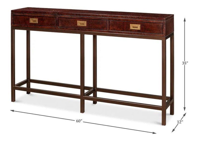 Campaign Embossed Console Table With Drawers Brown Leather Console Tables LOOMLAN By Sarreid