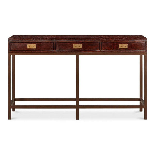 Campaign Embossed Console Table With Drawers Brown Leather Console Tables LOOMLAN By Sarreid