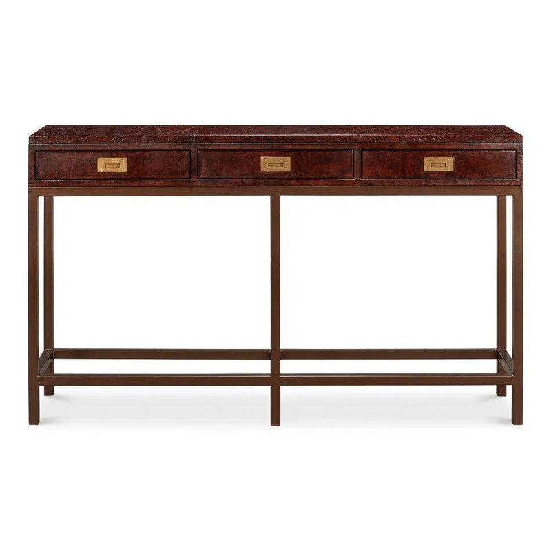 Campaign Embossed Console Table With Drawers Brown Leather Console Tables LOOMLAN By Sarreid