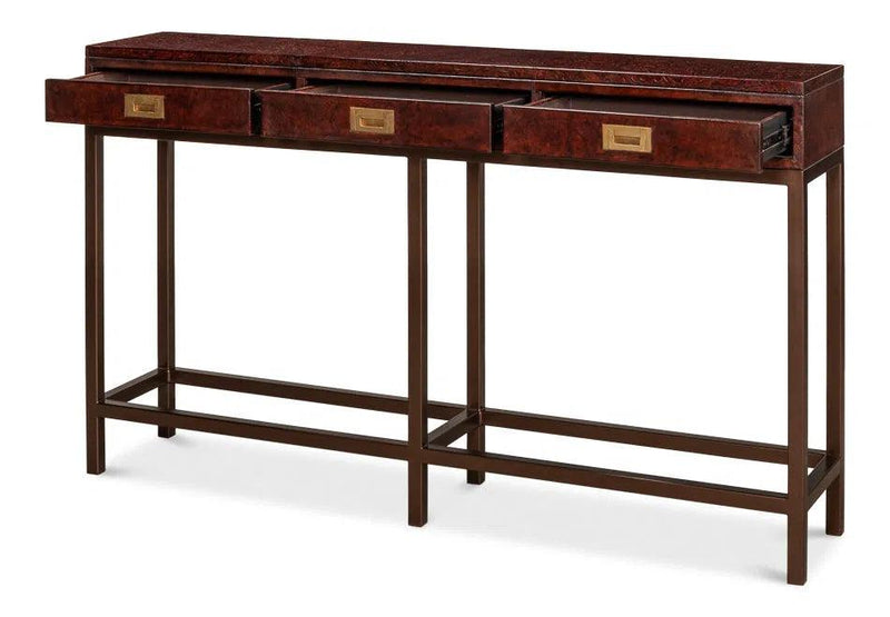 Campaign Embossed Console Table With Drawers Brown Leather Console Tables LOOMLAN By Sarreid