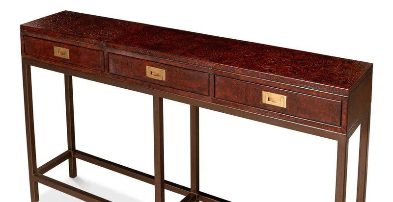 Campaign Embossed Console Table With Drawers Brown Leather Console Tables LOOMLAN By Sarreid