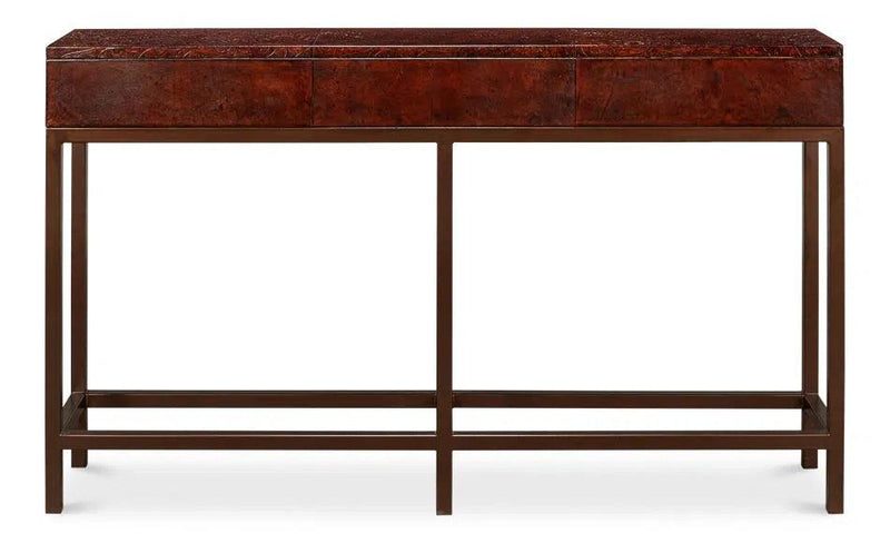 Campaign Embossed Console Table With Drawers Brown Leather Console Tables LOOMLAN By Sarreid