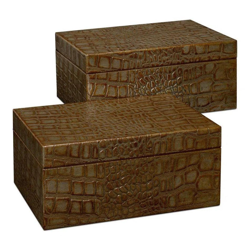 Candece Croco Embossed Leather Over Wood Antique Green Box Set of 2 Boxes & Bowls LOOMLAN By Sarreid