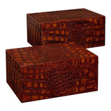 Candece Croco Embossed Leather Over Wood Reddish Brown Box Set of 2 Boxes & Bowls LOOMLAN By Sarreid