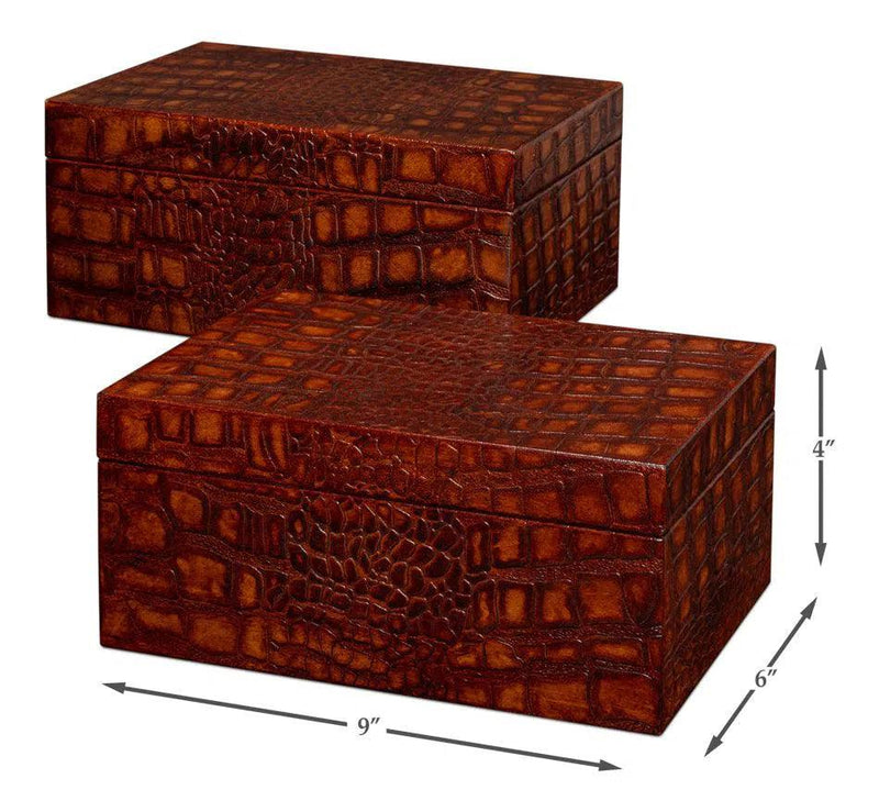 Candece Croco Embossed Leather Over Wood Reddish Brown Box Set of 2 Boxes & Bowls LOOMLAN By Sarreid