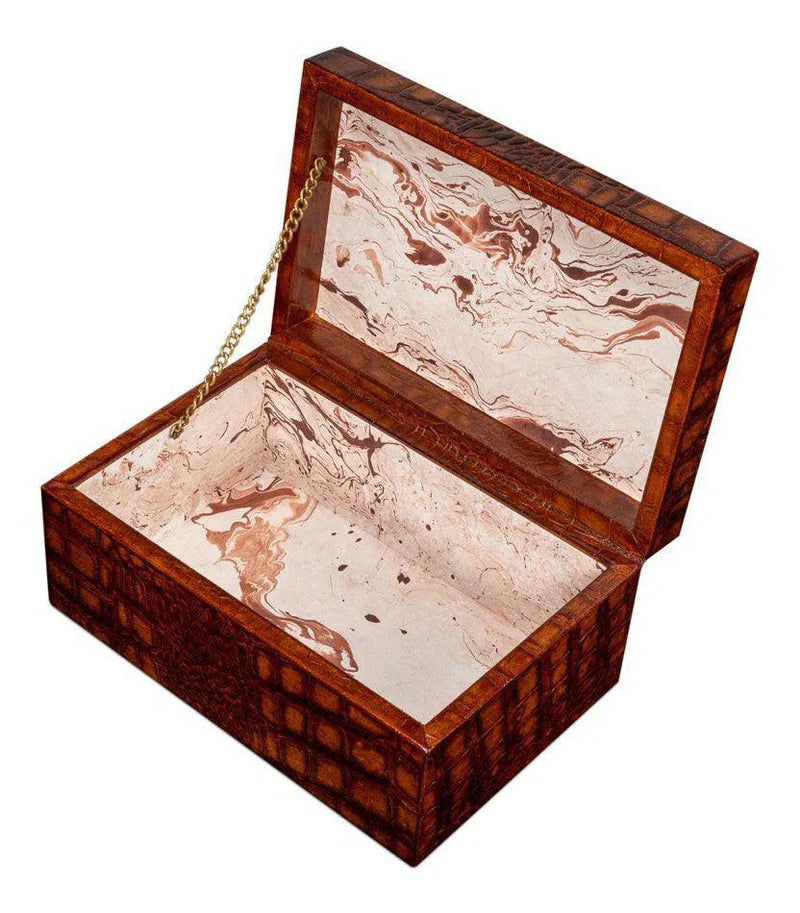 Candece Croco Embossed Leather Over Wood Reddish Brown Box Set of 2 Boxes & Bowls LOOMLAN By Sarreid