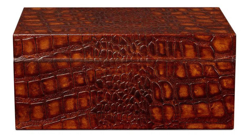 Candece Croco Embossed Leather Over Wood Reddish Brown Box Set of 2 Boxes & Bowls LOOMLAN By Sarreid