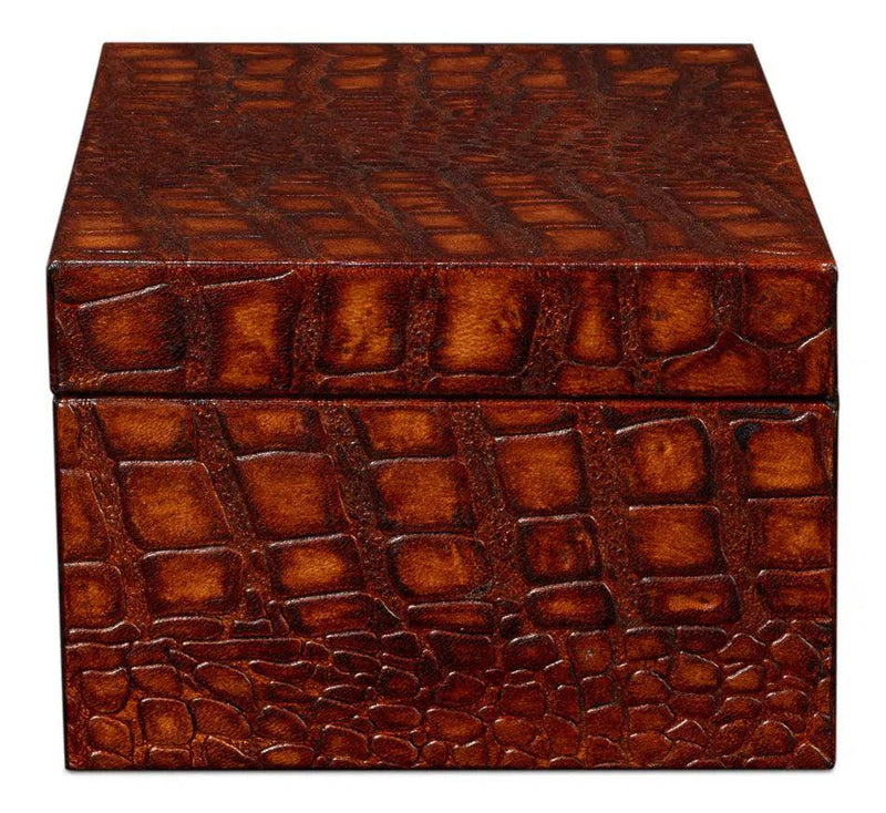 Candece Croco Embossed Leather Over Wood Reddish Brown Box Set of 2 Boxes & Bowls LOOMLAN By Sarreid